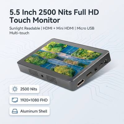 কেনা 5.5 ইঞ্চি 2500 নিটস ফুল এইচডি টাচ মনিটর 1920×1080 এইচডিএমআই মিনি এইচডিএমআই মাইক্রো ইউএসবি অ্যালুমিনিয়াম শেল সানলাইট পাঠযোগ্য প্রদর্শন অনলাইনে উৎপাদন